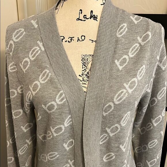 Bebe Gray Logo Open Style Cardigan Sweater Academia Business Casual Comfy - Picture 2 of 10